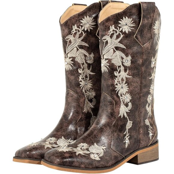 ⚡Women's Brown Floral Rhinestones Square Toe Cowboy Boots Western Wide Calf - Picture 1 of 8